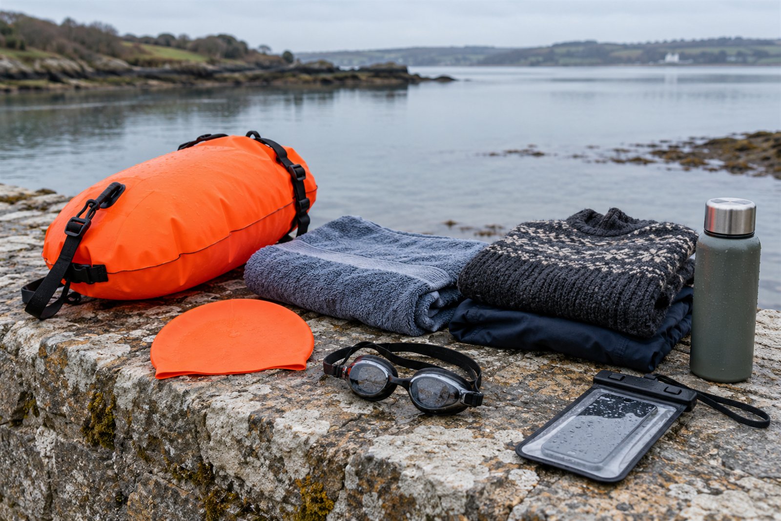A tow float, bright cap, towel, dry layers, goggles, flask and waterproof phone pouch arranged beside calm water