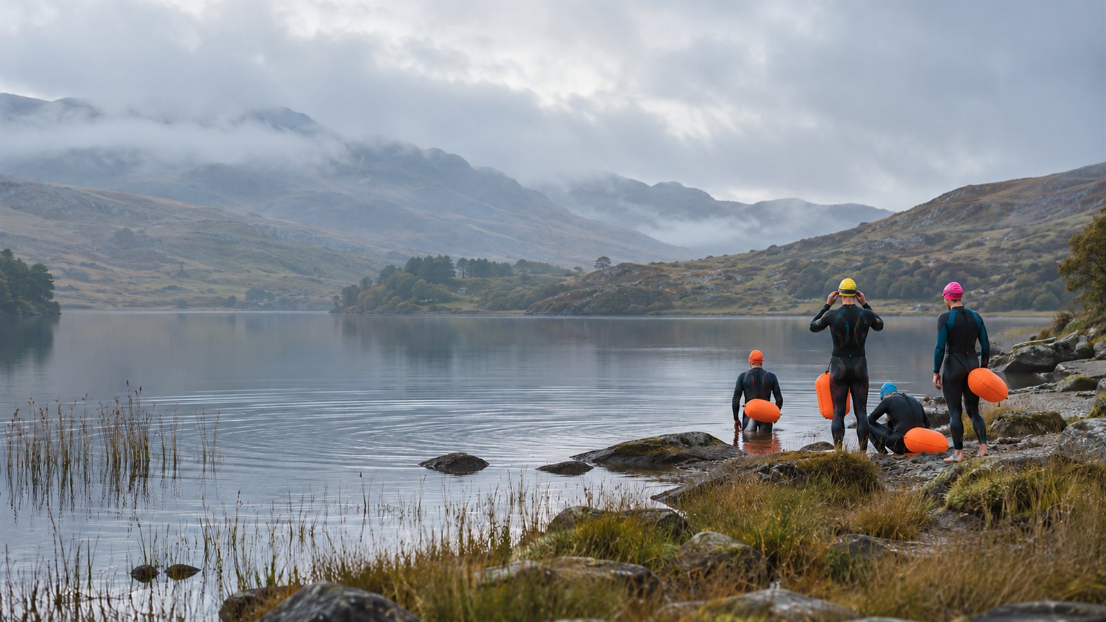 A group of swimmers preparing together beside a calm tarn